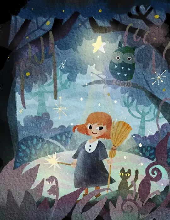 夜の森の中にいる魔女のイラスト