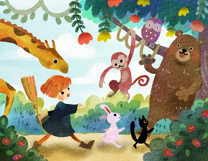 魔女っ子が森の動物達と森を散歩しているイラスト