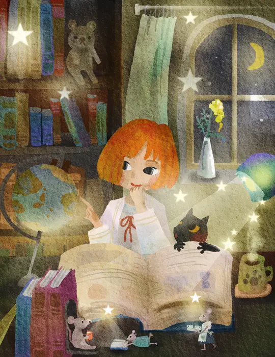 魔女っ子が地球儀を見ながら読書しているイラスト
