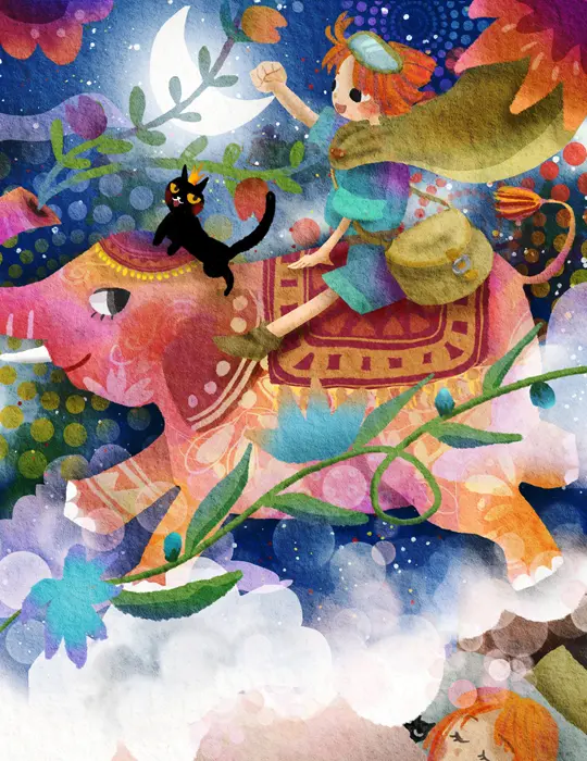 魔女っ子が夢の中でピンクのゾウに乗って冒険しているイラスト