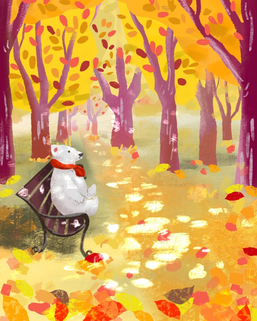 紅葉する気を眺めるシロクマ
