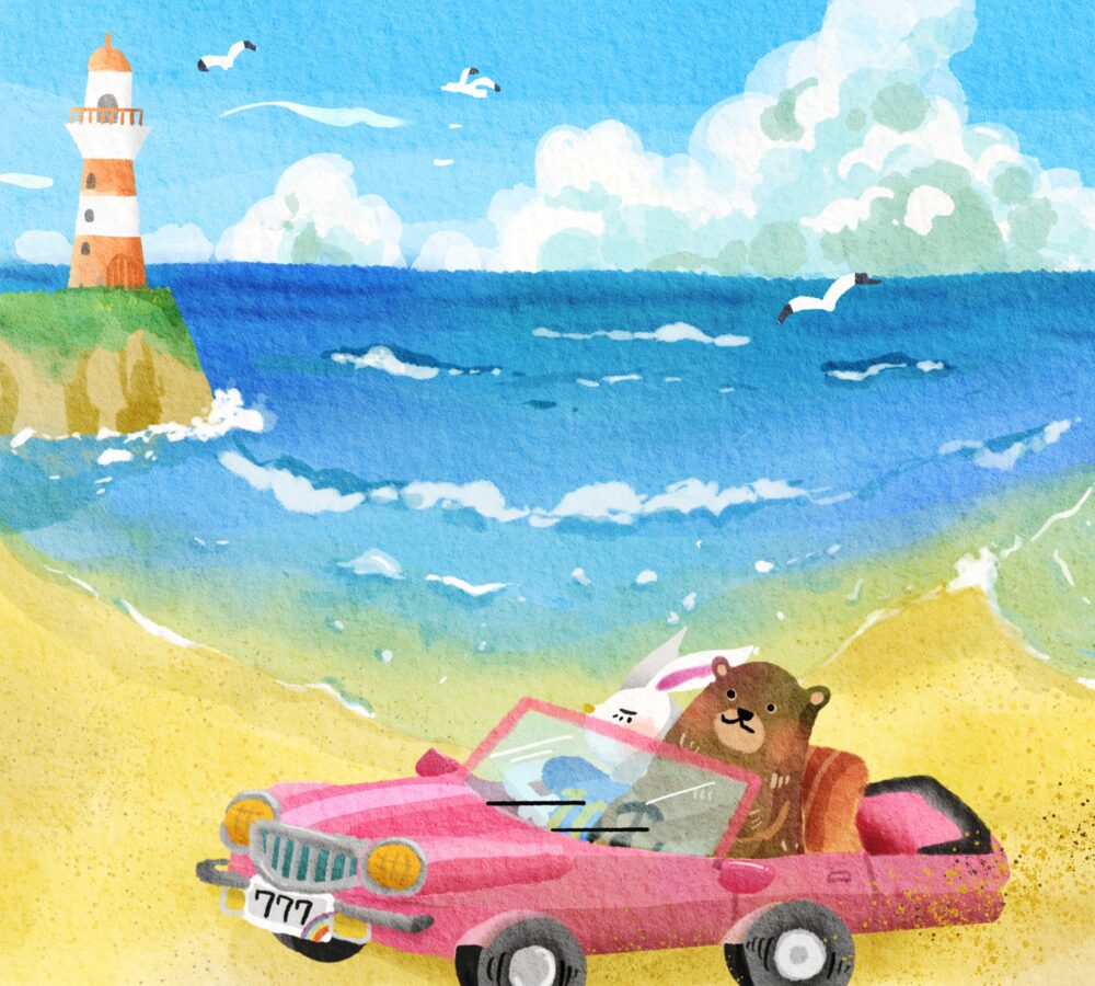 夏のイラスト海とクマとウサギ