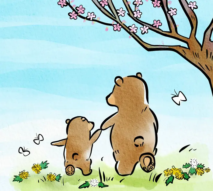 2分咲きの桜とクマの親子
