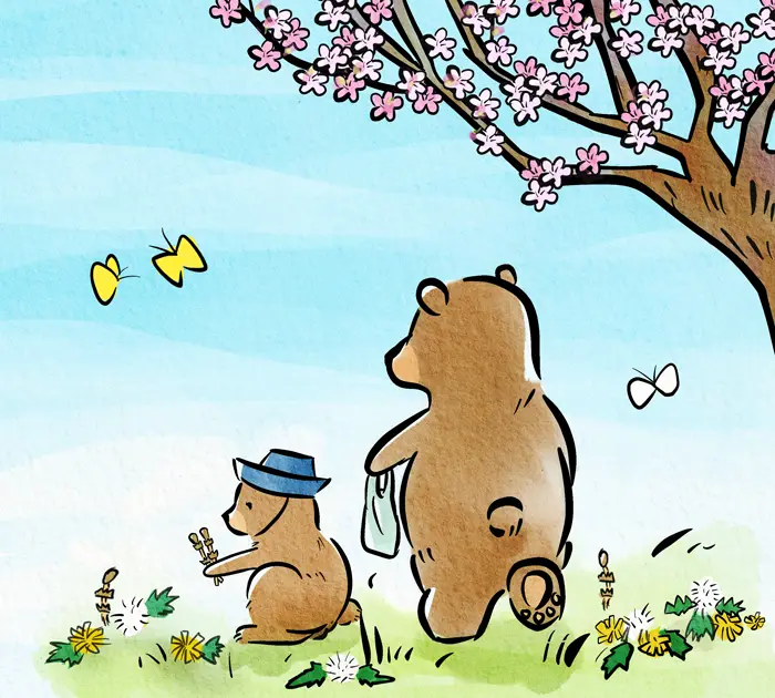 5分咲きの桜とクマの親子
