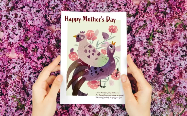 ニワトリと卵の母の日のポストカードデザイン