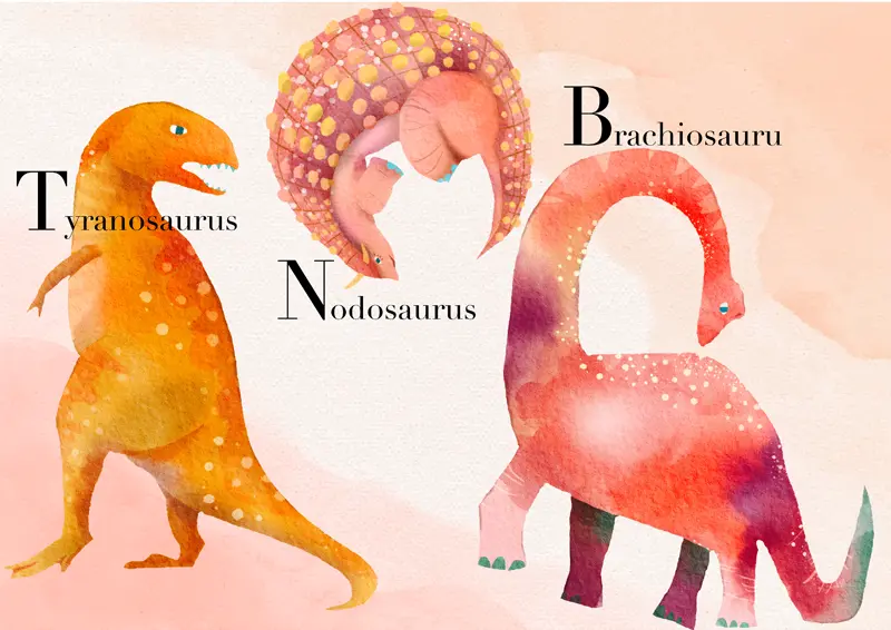 ティラノサウルス、ノドサウルス、ブラキオサウルスの恐竜イラスト