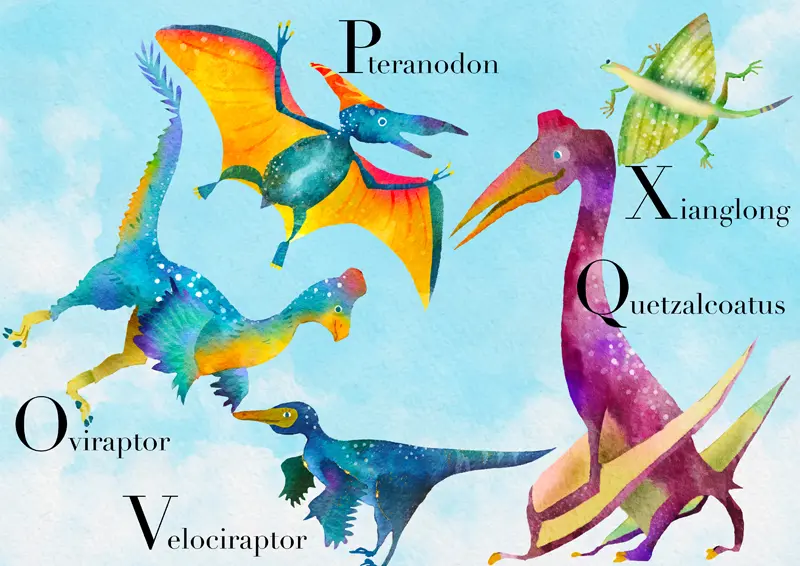 プテラノドン、オビラプター、ヴェロキラプトル、ケツァルコアトルス、シャンロンの恐竜イラスト