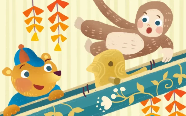 クマとお猿がコロコロ木の実のおもちゃで遊んでいるイラスト