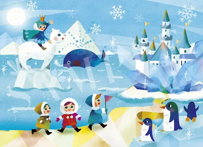 氷のお城を目指して子供たちが冒険するイラスト