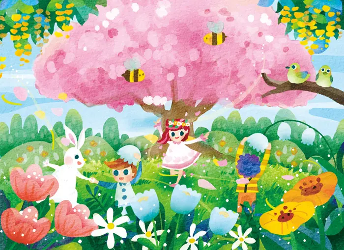 大きな桜とお花に囲まれて子供たちが遊ぶイラスト