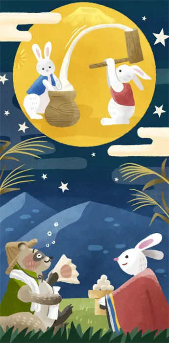 ウサギとタヌキのお月見イラスト