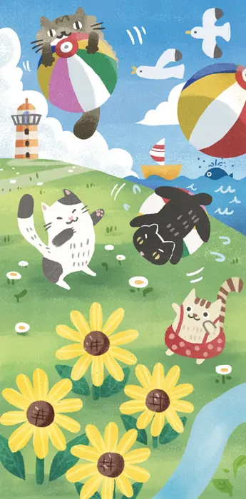 紙風船で遊ぶネコのイラスト
