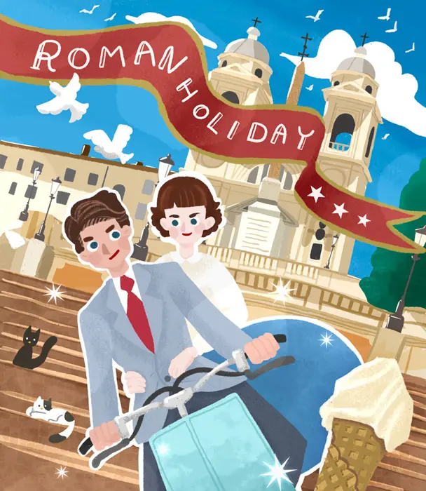 ローマの休日（オードリーヘップバーンとベスパ）のイラスト